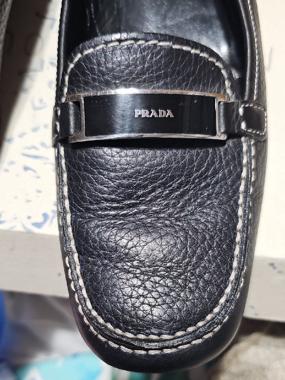 Prada Black Pebbled Leather Loafers with Silver Plaque Size 39 - Picture 3 of 7